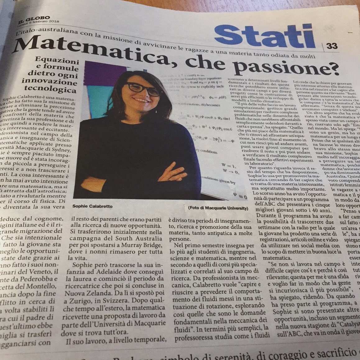 sophluidynamics's tweet photo. Thanks for the lovely article Il Globo! 🇮🇹 #ilglobo #matematicaapplicata #nonniruletheworld https://t.co/q2JNv16DEk