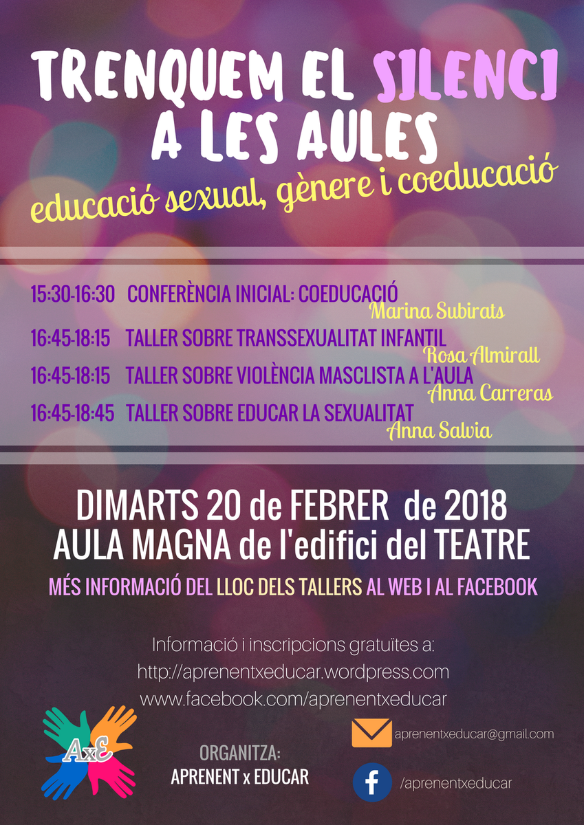 AprenentxEducar's tweet photo. TRENQUEM EL SILENCI A LES AULES: EDUCACIÓ SEXUAL, GÈNERE I COEDUCACIÓ | Conferència i tallers https://t.co/9hfrLaXNNJ https://t.co/m2xkAqWep5