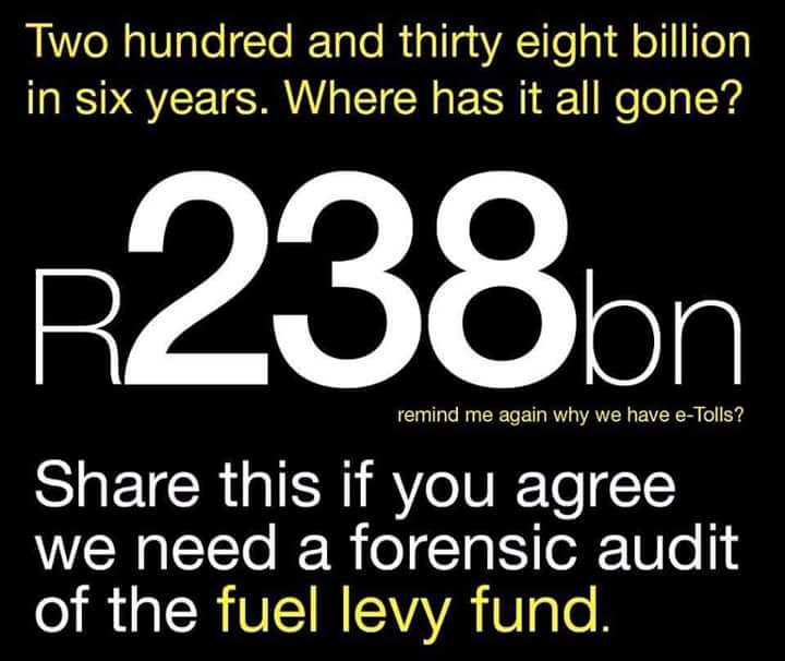 SA_Heroes's tweet photo. R238 billion rand missing in 6 years. 
Retweet this if you feel that we need #ForensicAuditFuelLevy https://t.co/xqTZhV68e3