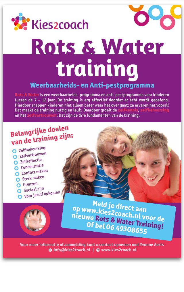 Kies2coach's tweet photo. Komende maand gaat er weer een Rots & Water training van start te #Nuenen voor kinderen van 7-12 jr. Kleine groep en 2 trainers dus veel aandacht voor individuele vragen! Meer info op https://t.co/xTrvuslKrV of 06 49308655
#rotsenwater #weerbaarheid #antipestprogramma #kies2coach https://t.co/LbudP7S5FA
