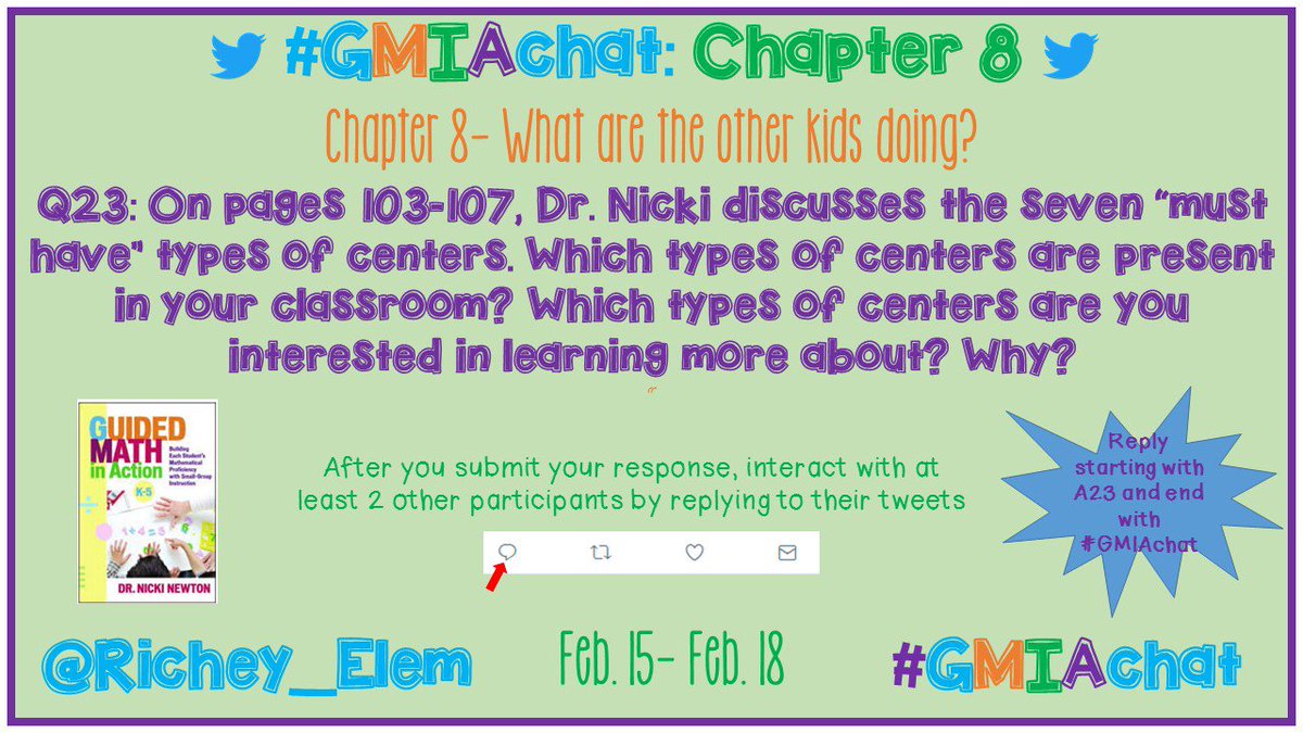 richey_elem's tweet photo. Chapter 8! Yay! Q23: On pages 103-107, @drnickimath discusses the seven "must have" types of centers. Which types of centers are present in your classroom? Which types of centers are you interested in learning more about? Why? #GMIAchat https://t.co/qZhupKdqjM