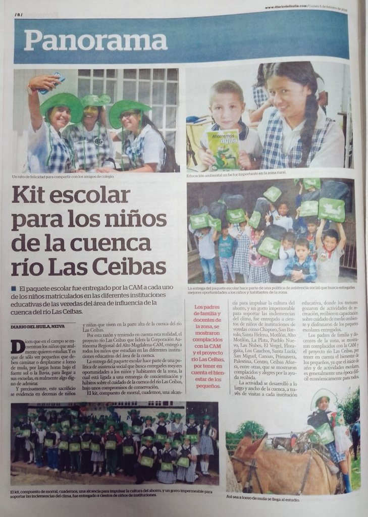 PROYECTOCEIBAS's tweet photo. EnMedios Hoy #DiariodelHuila publica un especial sobre las jornadas de entrega de Kits escolares que adelantamos en la cuenca https://t.co/6d7GiULaUj