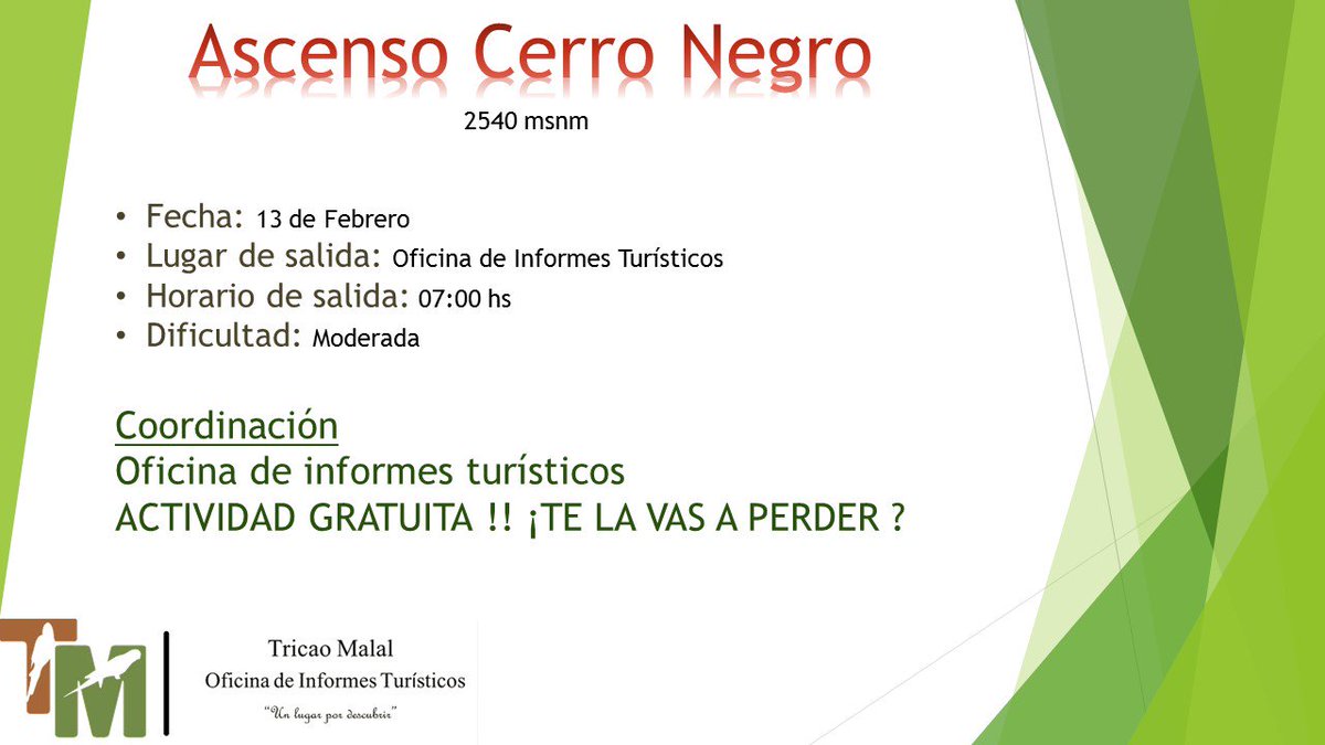 TricaoTur's tweet photo. Este 13 de Febrero nos vamos al Cerro Negro (2540 msnm) para seguir conociendo #TricaoMalal.
Vení a informarte en la Oficina de Informes Turísticos.
Te la Vas a Perder??
#UnLugarPorDescubrir #NorteNeuquino https://t.co/zkKilYeYw7