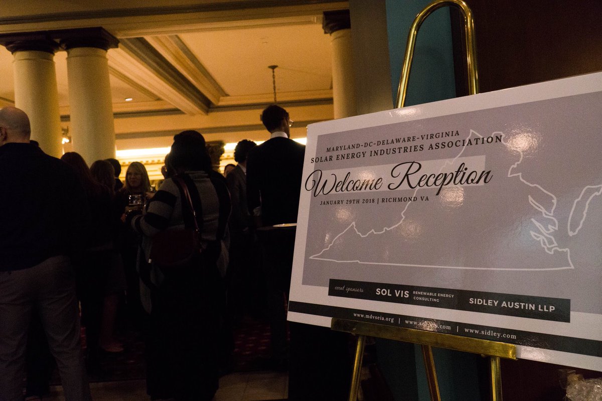 sol_vis's tweet photo. Thanks to @MDVSEIA and @SidleyLaw for co-sponsoring last week’s solar industry welcome reception in Richmond. 

SOL VIS is excited to be a part of Virginia’s growing renewable energy sector in 2018, and we look forward to supporting our colleagues throughout the coming year. https://t.co/Jw9w9P7XPw