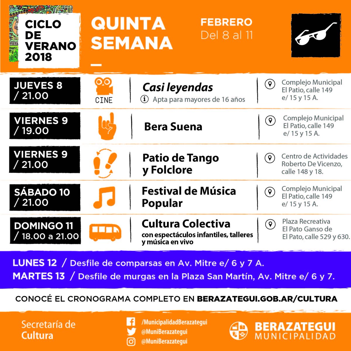 CulturaBe's tweet photo. #CicloDeVerano ☀️

• 📽️🎬 ► Jueves de #CineArgentino
• 💃🕺 ► Espectáculos y Festivales
• 🚍🎨 ► Continúa el recorrido del #CentroCulturalMóvil
• 🤘🎸► Sigue el #BeraSuena
Todo en ► https://t.co/4Pu5g5kAJc 

[+info]
📞 ► 4216-6190
🌧️ ► Se suspenden por lluvia. https://t.co/4pRs3btyok