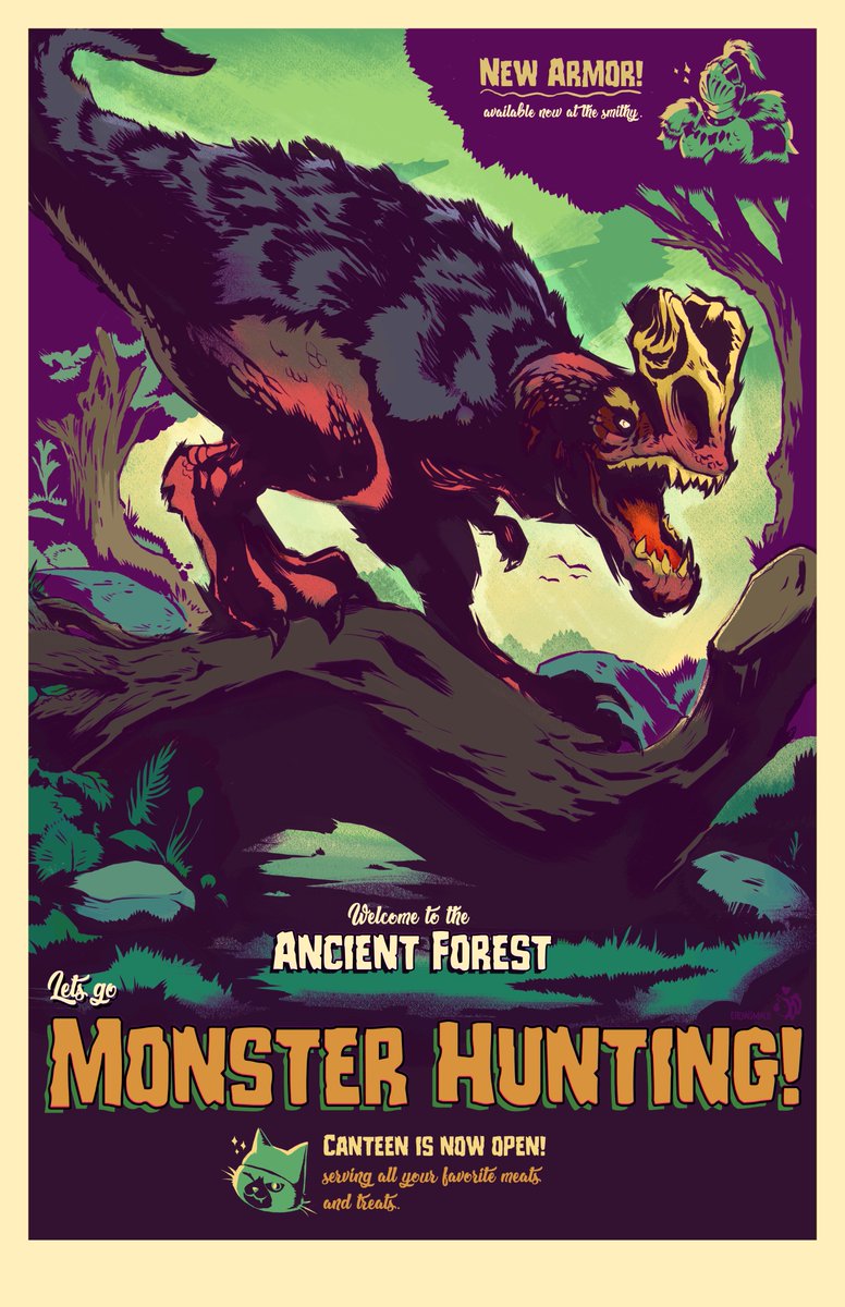crowsmack's tweet photo. Here it is!  Inspired by some vintage hunting posters.  "Let's Go Monster Hunting!  https://t.co/pwOqC1HOtr https://t.co/W5IA4jySG6
