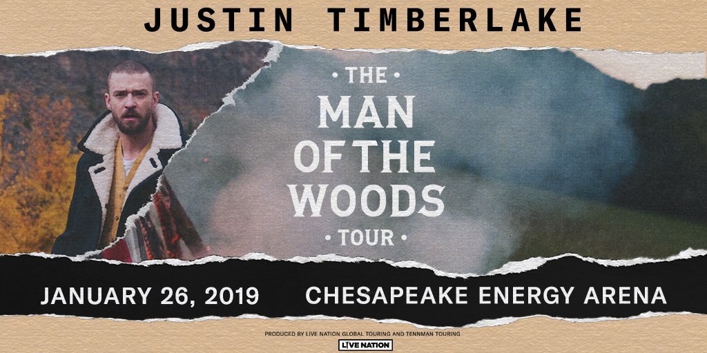 PaycomCenter's tweet photo. JUST ANNOUNCED: get ready, OKC! @jtimberlake returns to @ChesapeakeArena with The Man Of The Woods Tour on January 26, 2019! Tickets on sale on Monday, February 26 at 10am. 
Get more info at https://t.co/3r5537lBTU https://t.co/wImyRZbNcq