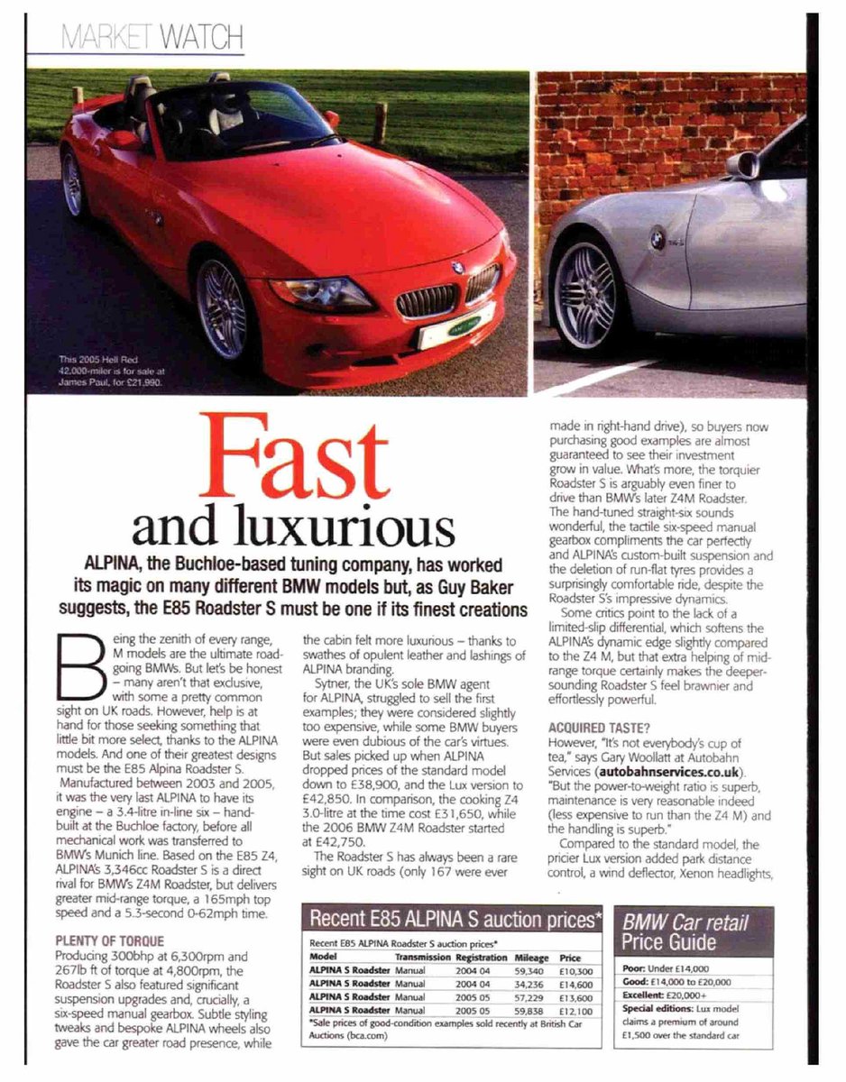 autovista_group's tweet photo. .@BMWCARMAG quotes @GlassGuide Car Editor in article: ‘Fast and Luxurious’ on the #BMWE85 #Roadster S “When they do appear on the used market, their values are not much higher than the equivalent Z4 M-around £15,000-20,000, confirms Robert Redman at trade guru’s, Glass’s” cont.. https://t.co/b7YRPTnFrW