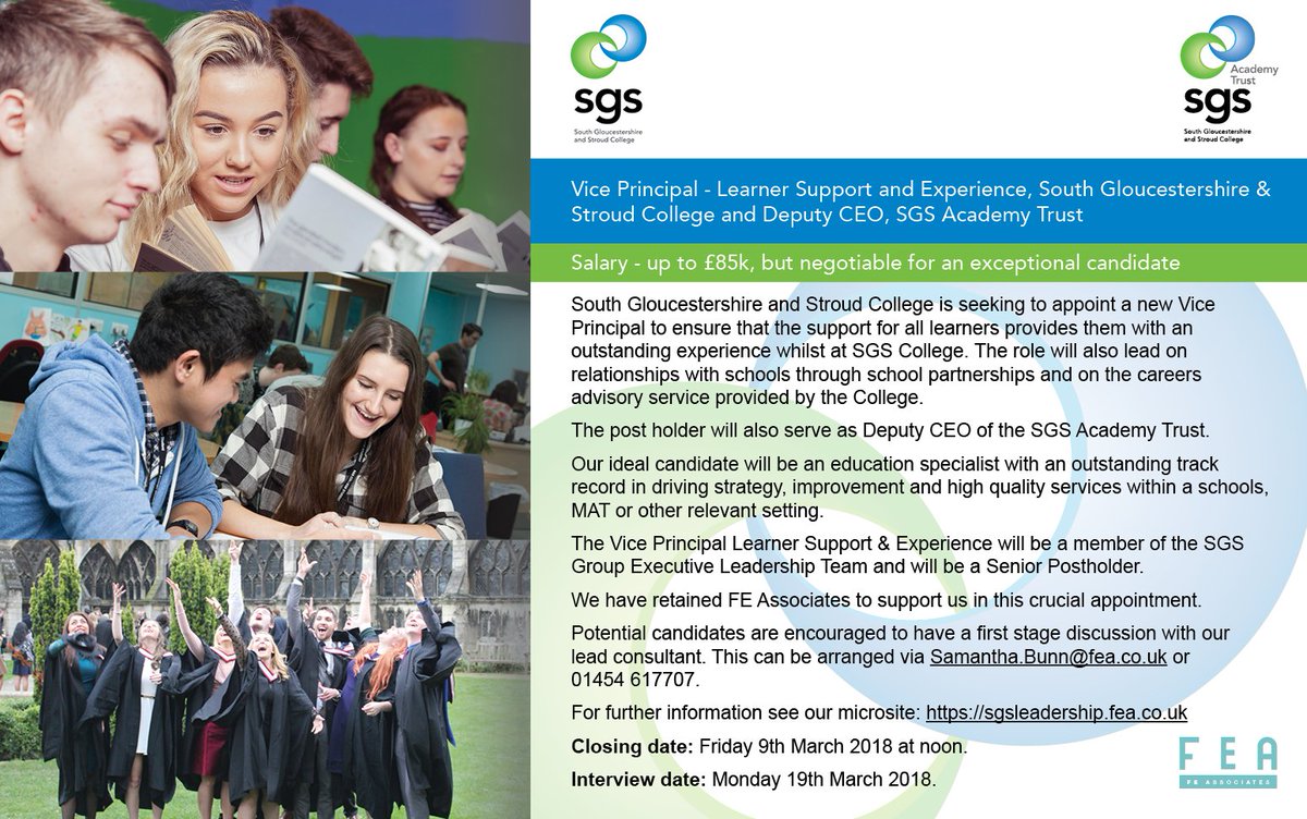 FEInsights's tweet photo. ANOTHER FANTASTIC EXECUTIVE ROLE: Vice Principal Learner Support &amp; Experience, South Glos &amp; Stroud college Deputy CEO, SGS academy trust  this time a dual senior role with a college and an Academies Trust.  Looking to hear from our colleagues from schools, MATs #edjobs https://t.co/XuHxMsDwhy