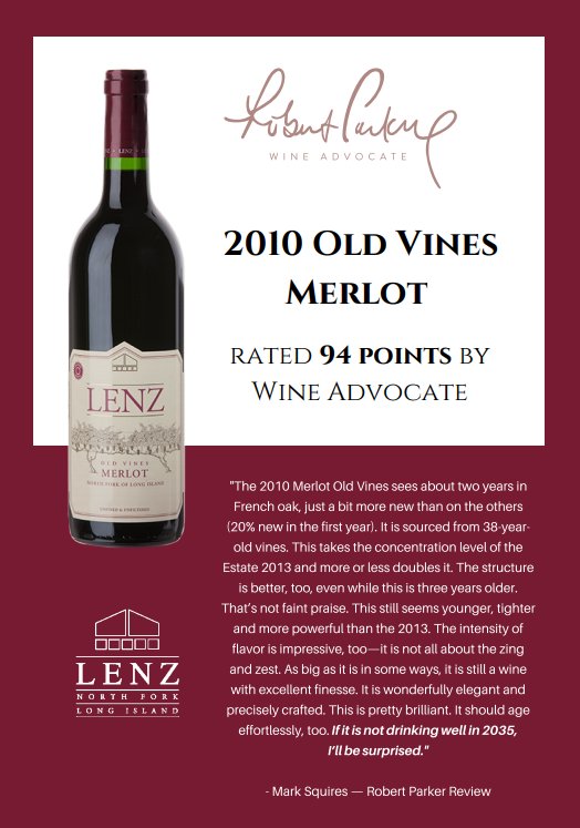 We are very excited to have one of the highest-rated wines on Long Island!  The Wine Advocate rated our 2010 Old Vines Merlot 94 points.
It's going fast at just $65 each. Order here: lenzwine.com/product/2010-o…