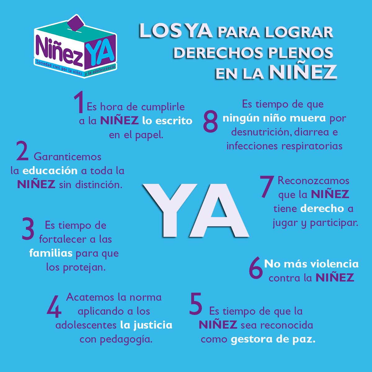 Ninez_Ya's tweet photo. #NiñezYA tiene argumentos que hacen inaplazables las soluciones para los niños, las niñas y los adolescentes en #Colombia. Estos son LOS YA para lograr derechos plenos en la #Niñez y sobre ellos buscamos compromisos de los candidatos a la #Presidencia del país. https://t.co/eSqERnN4g9