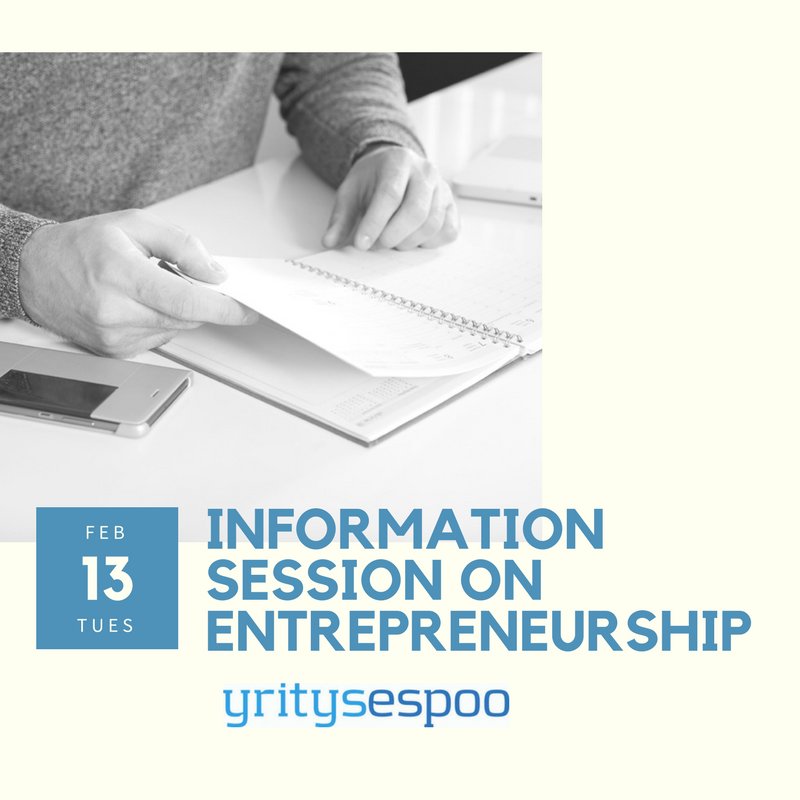 YritysEspoo's tweet photo. Are you planning to start your own business? Register now for a free information session on entrepreneurship on 13th February: https://t.co/6XNv41TwR8 https://t.co/d5fY75Twb8