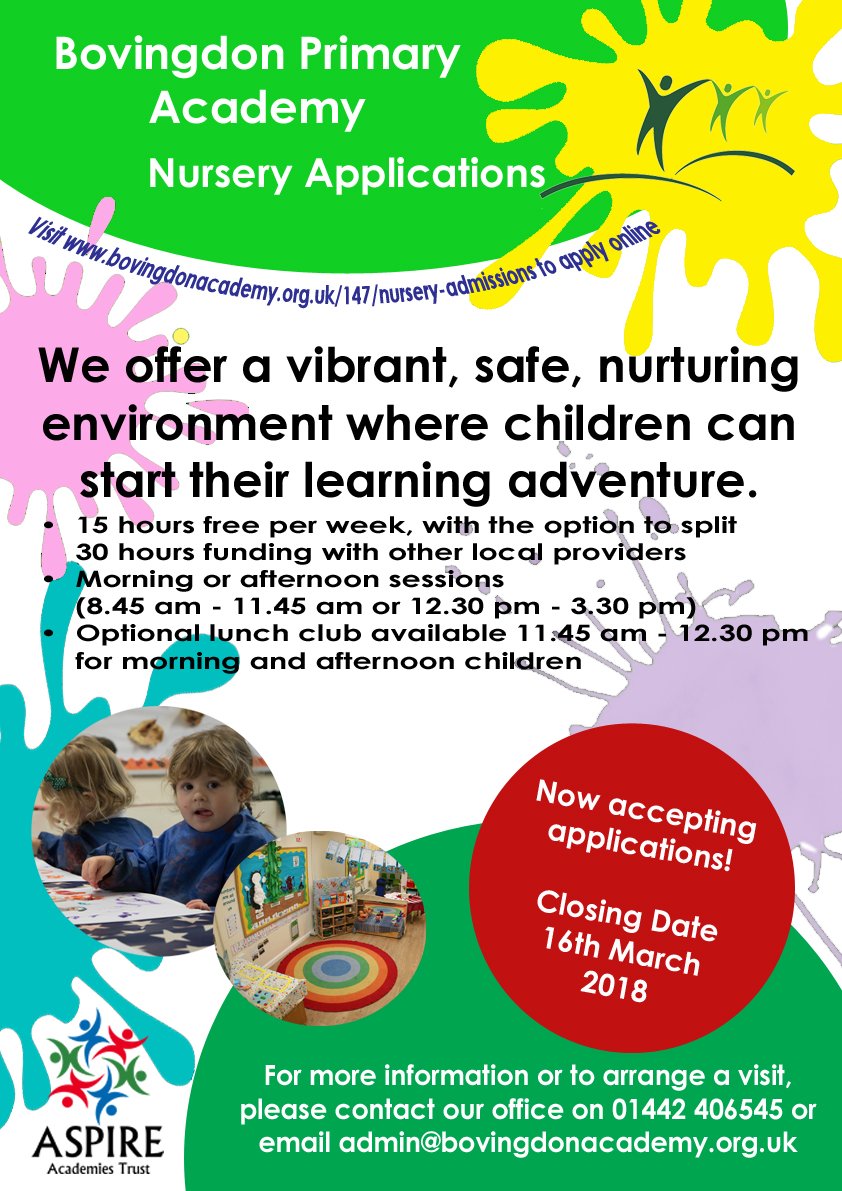 BovingdonPA's tweet photo. Now accepting Nursery Applications for 2018-19. Complete the online form to apply. https://t.co/ccb2NACRD2 https://t.co/sOobJJv6Wj