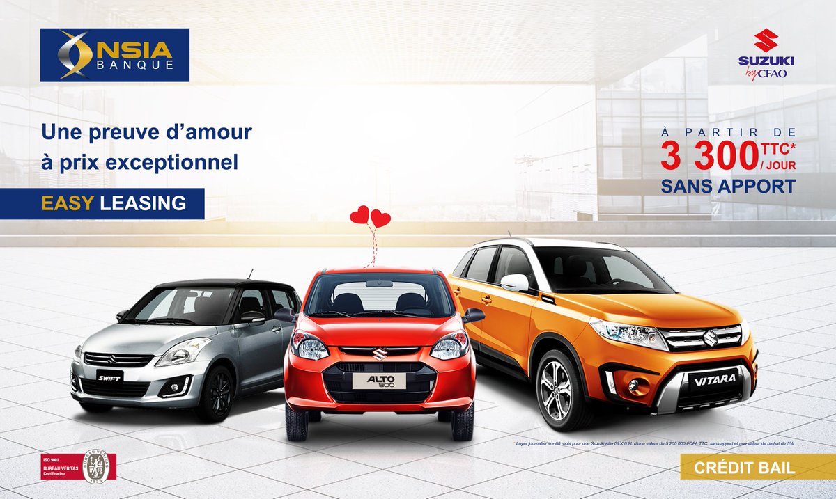 [FINANCEMENT] Demandez votre financement pour acheter une Suzuki sans apport à partir de 3300 F/jour : bit.ly/2GvhjU6
Jusqu'au 28 février. #civ #Abidjan #NSIAbanque #SuzukiByCFAO #civ225 #ci225 #team225 #kpakpato <a href="/SuzukiCIV/">Suzuki By CFAO CI</a>