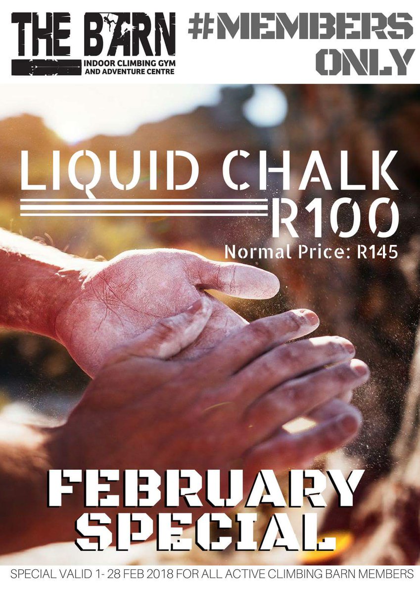 ClimbingBarn's tweet photo. #MembersOnly February special:
Pay only R100 for liquid chalk! 
(Normal price R145) https://t.co/KpF63v1Tc1
