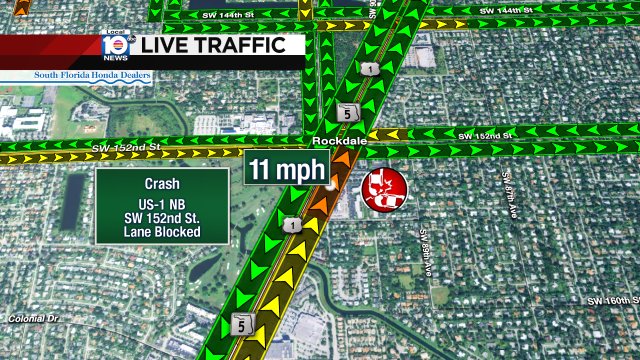 CRASH: US-1 NB & SW 152nd St. A left lane is blocked; speeds clocking in at 11 MPH. #TRAFFIC #MIAMI https://t.co/pP8IZmtMCa