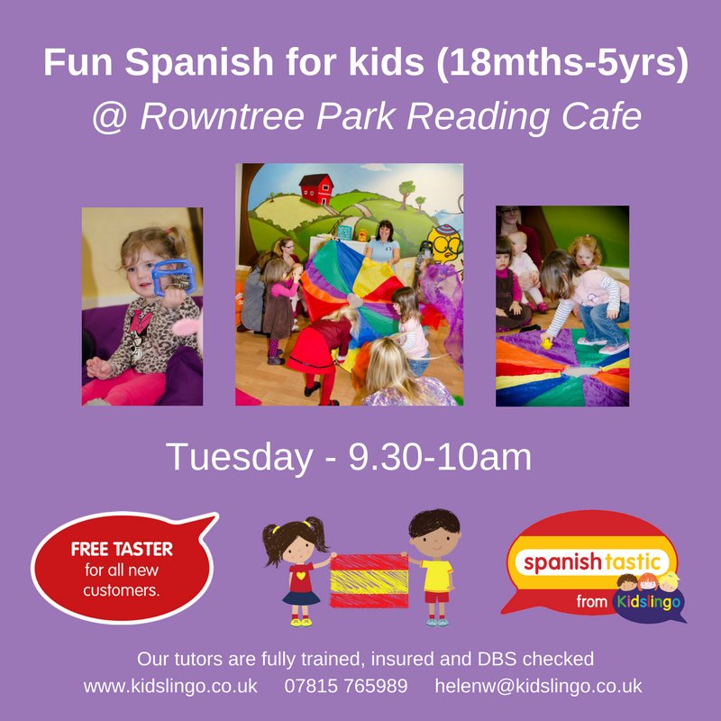 KidslingoHelenW's tweet photo. Would you like your little on to learn Spanish?
Join us TOMORROW (Tues) for a FREE Taster Class at 9.30am @ ROWNTREE PARK READING CAFE.
Enjoy a nice coffee & a play in the park afterwards...
#kidslingo #awardwinningclasses #freetasterclass #fun #languagesforkids https://t.co/nrhPR2YFSA