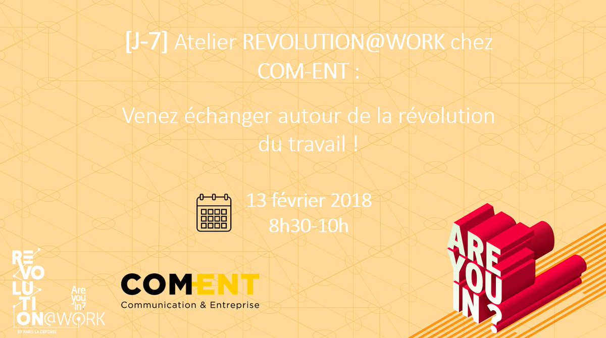 RevolutionatW's tweet photo. [ATELIER J-7] La semaine prochaine, @RevolutionatW animera un atelier chez @CometEntreprise sur la réinvention du travail. Venez nombreux ! #RevolutionatWork #revolutiondutravail #workshop #rdvcoment #in7days 
Pour s'inscrire 👉https://t.co/8APEazxSTt https://t.co/6JDGdjxLwN