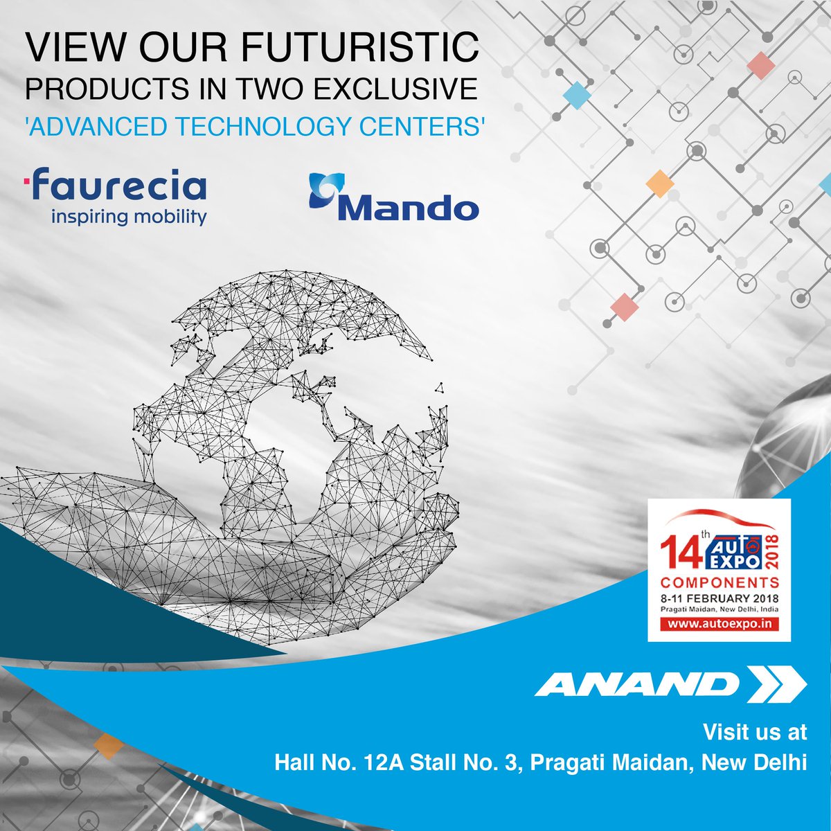 ANANDGroupIndia's tweet photo. #ANANDGroup companies, #MandoAutomotiveIndia and Faurecia Clean Mobility are displaying futuristic products within two exclusive #AdvancedTechnologyCenters at Hall No. 12A, Stall No. 3
#ANANDGroupatAutoExpo2018 #FutureReadyWithANANDGroup #AutoExpo2018 https://t.co/yJUJaPAp1B