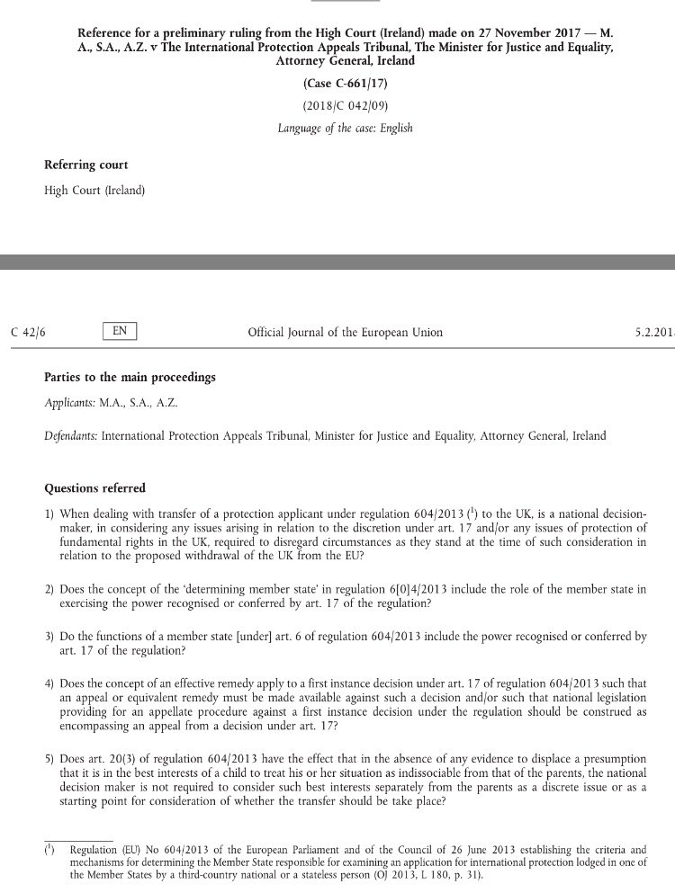MP_Hennessy's tweet photo. New CJEU preliminary reference Irish High Court C-661/17 on #DublinIII #sovereigntyclause #bestinterestsofchild #Brexit & effective remedies https://t.co/IADqq5iiWr https://t.co/I1HZ2iIAI4