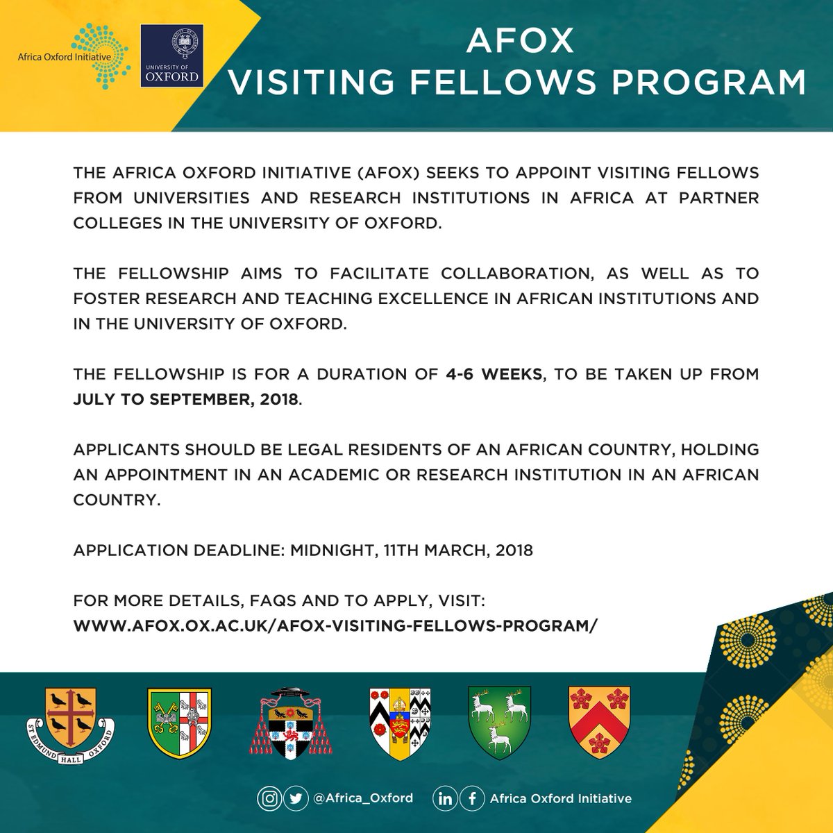 Africa_Oxford's tweet photo. Calling all academics and researchers based in African institutions! - The #AfOx Visiting Fellows Program is now accepting applications!

Deadline: March 11, 2018

https://t.co/iPLeZQhReV https://t.co/dTgeYHzftF