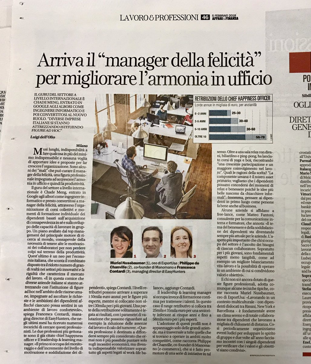 Una nuova figura, già destinata ad una rapida diffusione, impegnata nell’accrescere l’armonia e la produttività in ufficio. 
Su <a href="/RepubblicaAF/">Repubblica Affari&Finanza</a>, <a href="/LuigidellOlio/">Luigi dell'Olio</a> parla del “manager della felicità”.