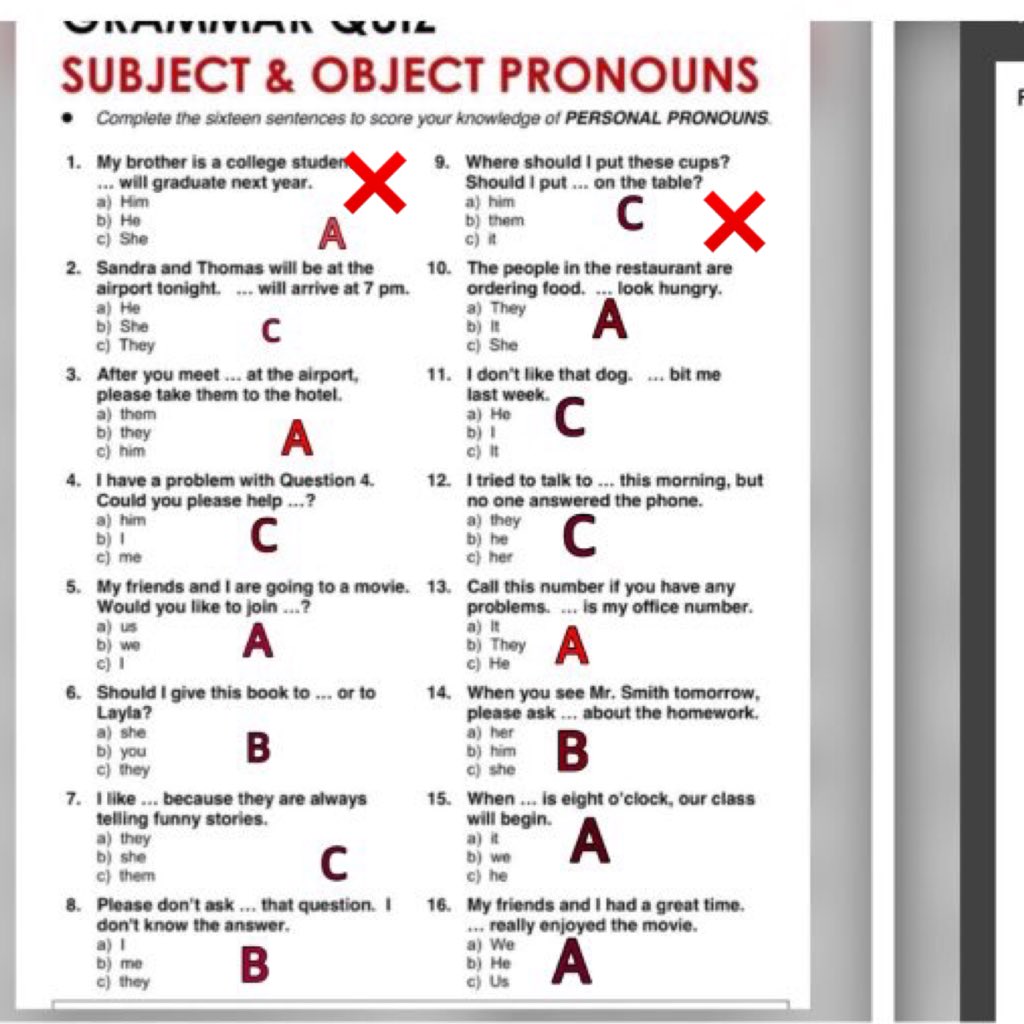 On Twitter Good Job But You Ve Two Mistakes In The Grammar Quiz 1 Subject Pronoun B 9 Object Pronoun B Plural Noun Cups Https T Co Tunmz4zejc