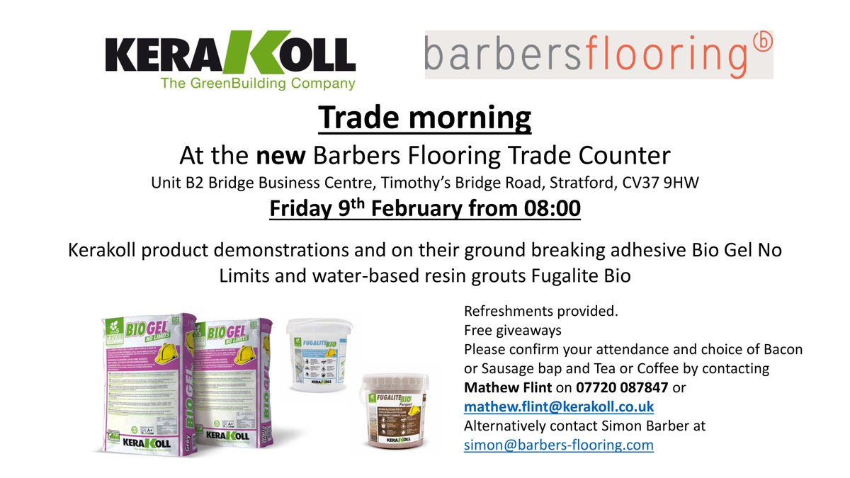Chris_Kerakoll's tweet photo. Kerakoll Trade morning THIS FRIDAY 9th FEB from 8am come and see #BioGel #NoLimits and #FugaliteBio demonstrations. Refreshments provided text 07720 087847 to secure your place #GelTechnology #FeelTheDifference #HappyTiler https://t.co/WSsHzUu2lv