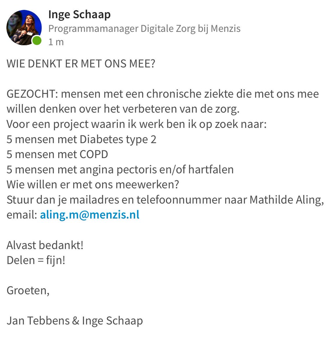 ingewera's tweet photo. GEZOCHT: MENSEN MET CHRONISCHE ZIEKTE DIE DE ZORG MET ONS WILLEN VERBETEREN. Wie denkt er mee? @Menzis @vanEijck_Menzis @tebbens #zorginnovatie https://t.co/UaBrtwN7Bs