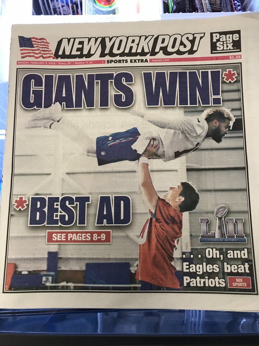 CBSPhiladelphia's tweet photo. They're not bitter!  NY Post barely acknowledges #Eagles #SuperBowl  win on front cover: https://t.co/3uOvg4FBdk https://t.co/dH67g91yW4