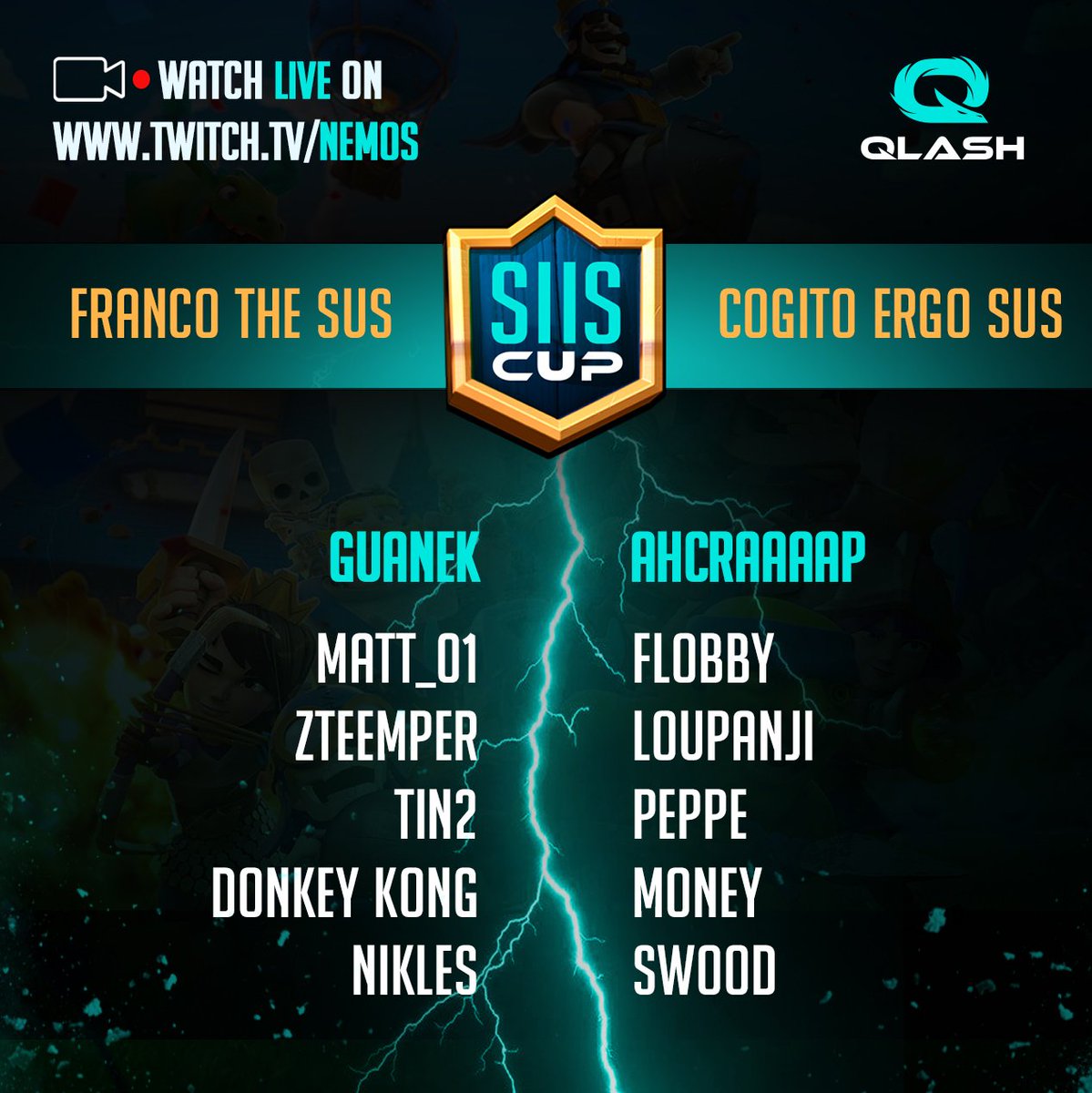 nemos_twitch's tweet photo. TONIGHT AT 10pm CET/4pm EST ON https://t.co/sBFnZ7uM1r     W/@TheRealGioTM THE #SUScup GRAND FINAL: 

FRANCO THE SUS:@TheRealGuanek @Matt_01CR @zTeempeer @Tin2Cr @DonkeyKong_Cr @Niclas_cr
🔥VS🔥
COGITO ERGO SUS:@ahcraaaap @FlobbyCr @loupanji @PeppeCRoyale @MoneyMcJR @Swood_CR 
💪 https://t.co/mA8oi9353z