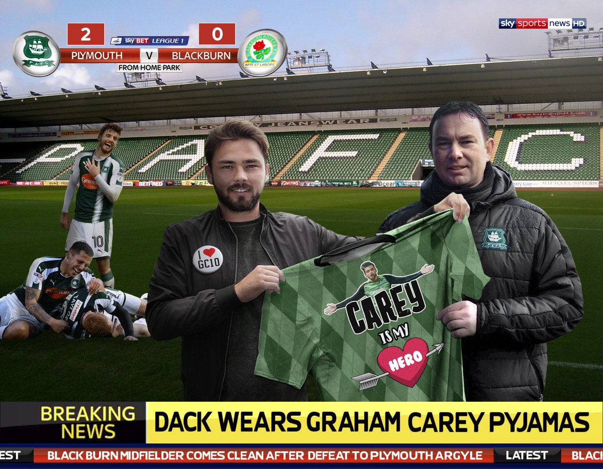 PAFCGraphics's tweet photo. CONFIRMED: The rumours are true, Bradley Dack DOES wear Graham Carey pyjamas! Derek Adams presented @BradDacks40 with a fresh set of #GC10 PJ's following @Only1Argyle’s demolition of Blackburn at Home Park on Saturday. #PAFC #Rovers https://t.co/X6veDCnVbm