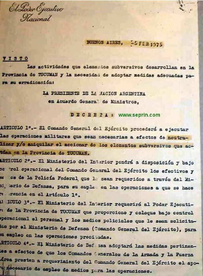 dignoslafuerza's tweet photo. El 05/02/75 la Presidente de la Nación, M. Estela Martínez de Perón, firma el Decreto 261/75 donde ordena ANIQUILAR la SUBVERSIÓN instalada en la Prov. de Tucumán.
Se da inicio a la GUERRA REVOLUCIONARIA instalada en Argentina por las Agrupaciones TERRORISTAS de ERP  y MONTONEROS https://t.co/f6myHL502F