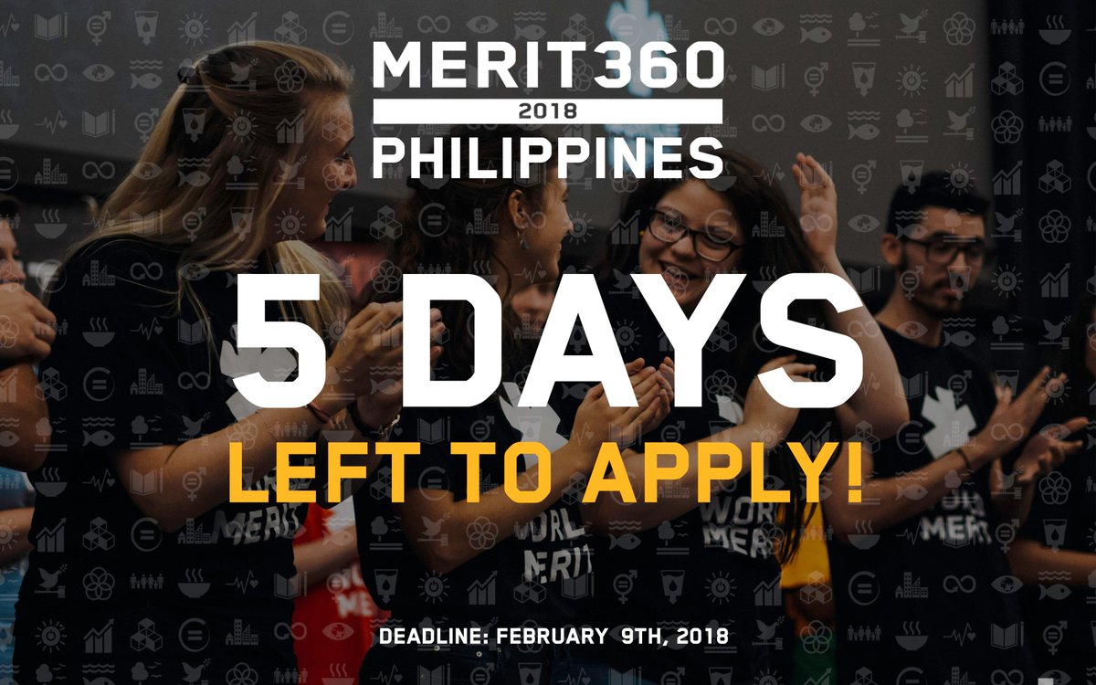 5 DAYS LEFT TO APPLY FOR #MERIT360 PHILIPPINES!

Start your week with a fresh energy and a determined mind to work towards the Sustainable Development Goals. Merit360 is the largest to tackle <a href="/UN/">United Nations</a> SDGs!

Learn more about it and apply here: bit.ly/MERIT360
