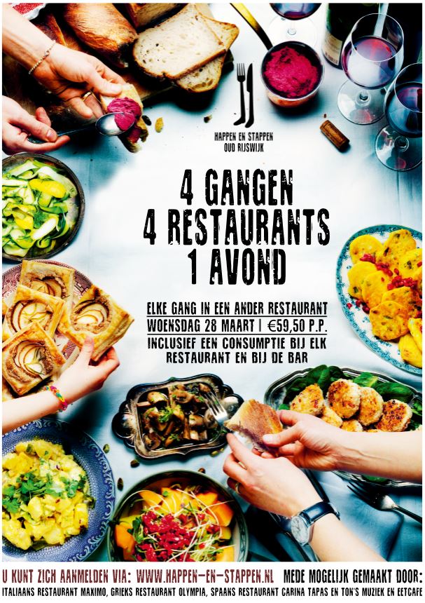 Carinatapas's tweet image. Happen en stappen, Doe mee en geniet van 4-gangen in 4 verschillende restaurants op 1 avond. Deze editie vindt plaats op woensdag 28 Maart in samenwerking met de volgende restaurants: MAXIMO - Trattoria Italiana, Grieks Restaurant Olympia Rijswijk, Carina Tapas  en Ton's Eetcafe.