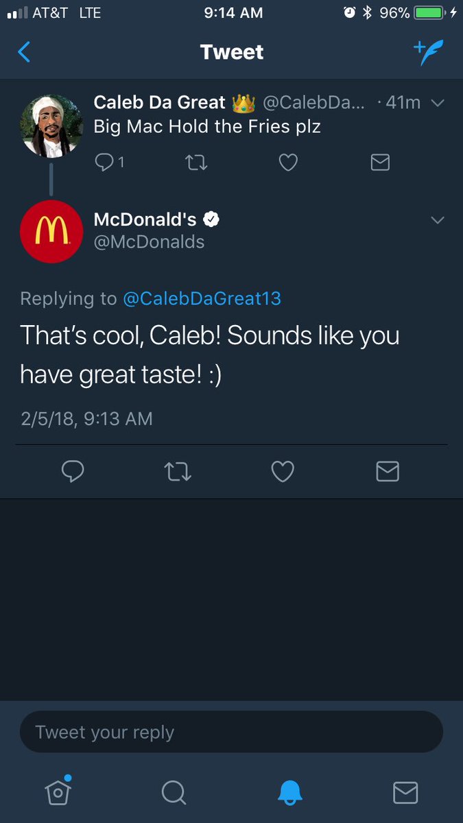 CalebDaGreat13's tweet photo. Y McDonald’s reply to my tweet exactly at 9:13??! Lol I️t must becuz they recognize a #SupaPlaya wen they see one .. Big Mac Dats a Fact https://t.co/vw1RQMgMWn