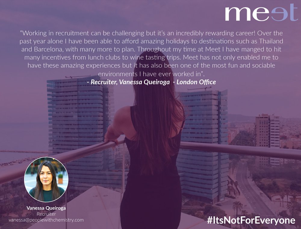 meets_tweets's tweet photo. We are hiring ambitious #graduates and experienced #recruiters for our London team. Here is Vanessa's thoughts on being an active member of the Meet team in #London - If you're interested in finding out more contact: careers@peoplewithchemistry.com #ItsNotForEveryone https://t.co/OGg2C1iwks