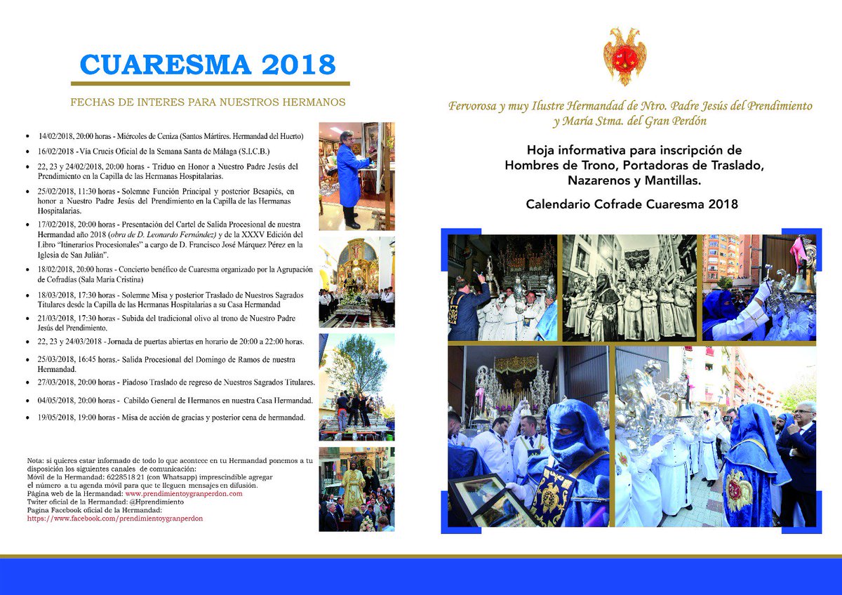 📌 | Calendario Cofrade - Hermandad del Prendimiento y Gran Perdón 2018.
Fechas a destacar en la próxima Cuaresma. #CuaresmaPrendimiento