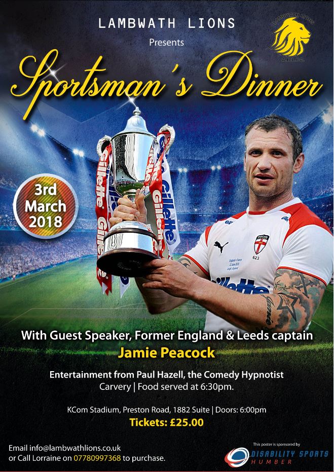 Lambwath_Lions's tweet photo. Purchase your tickets today for @Lambwath_Lions Sportsman's dinner. By emailing info@lambwathlions.co.uk 
To be held @hullkrofficial KCOM Craven Park on 3rd March where the rugby league legend @JamiePeacock10 will be our guest speaker and entertainment from @paulhazellhypno https://t.co/9p8snCIapd