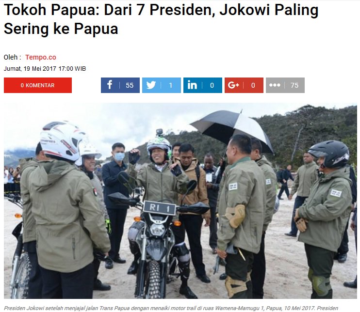 Faktanya Jokowi adalah Presiden yang paling sering ke papua, ini membuktikan bahwa Jokowi sangat peduli terhadap papua. Tinggal bagaimana pejabat2 di daerah (papua) menjalankan dengan benar amanat yang disampaikan oleh Presiden Jokowi. Hal ini yang tidak diketahui haters.
