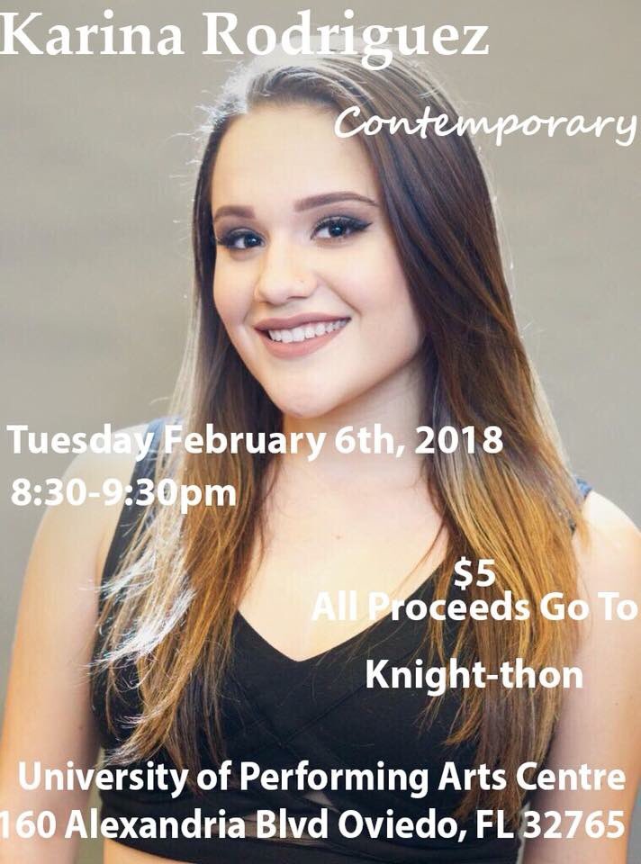 NicoleConkel's tweet photo. Come out and take a contemporary class with Karina Rodriguez this Tuesday 8:30pm at UPAC! It’s $5 and all proceeds go to Knighthon!! https://t.co/gjSN8MW5vT