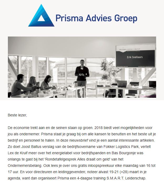 PRISMA-NIEUWSBRIEF 2018-01. Hierbij de weblink naar nuttige en interessante wetenswaardigheden voor het MKB in NH: bit.ly/Prisma_01_2018