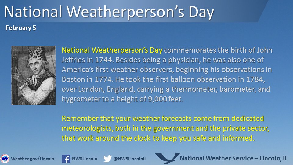 babaalexanderon's tweet photo. February 5:  NATIONAL WEATHERPERSON’S DAY IN USA
#NationalWeatherpersonsDay #NationalWeathermansDay #UnitedStates #meteorology #weather #Weatherforecasting #storm #Stomspotters #Stormobservers #JohnJeffries #Jeffries  #UnitedStatesofAmerica #USA #America #Americans #American #US https://t.co/iHTKaiIMCI