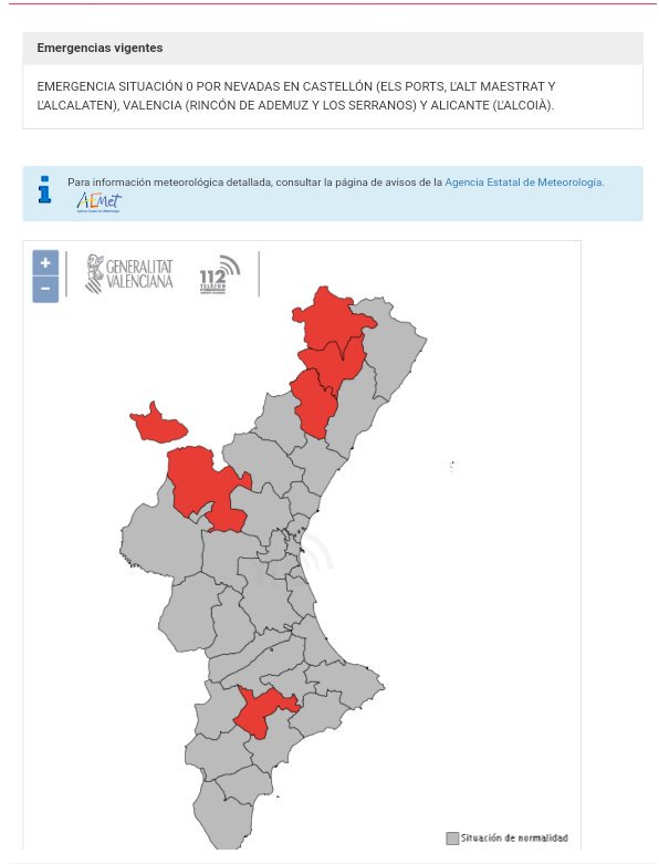 Temporal #nevades ❄
El Centre de Coordinació d'Emergències de la <a href="/generalitat/">Generalitat</a> estableix SITUACIÓ 0 per #nevades a:
#Castello: Els Ports, L'Alt Maestrat, L'Alcalatén.
#Valencia: Rincón de Ademuz, Los Serranos.
#Alacant: L'Alcoià.