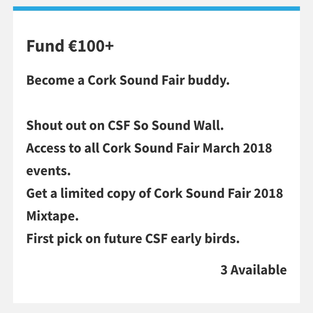 CorkSoundFair's tweet photo. *** 3 DAYS TO ***

Want to become a CSF buddy?

Become a CSF buddy and get entry into all of our 2018 events, a limited edition mixtape and first picks on future CSF early birds!
Hurry there's only 3 buddy deals left!
 https://t.co/BfhKAOmk4O
#crowdfunding #Cork #art #ireland https://t.co/qcB9ESERTb