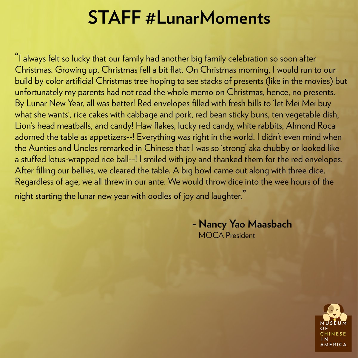 mocanyc's tweet photo. #LunarMoments are the memories and stories we've had of #LunarNewYear. Here's one from the President of MOCA, @YaoMaasbach! #MOCAFEST2018 For info on what's happening this Lunar New Year, visit us or https://t.co/j4zOkf9WlU https://t.co/Zik9cxzK3o
