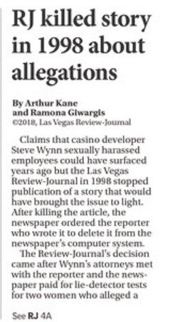 Whoa: the Las Vegas Review-Journal reports, on its front page, that the Review-Journal killed a story 20 years ago that would have revealed sexual misconduct allegations against Steve Wynn: reviewjournal.com/investigations…