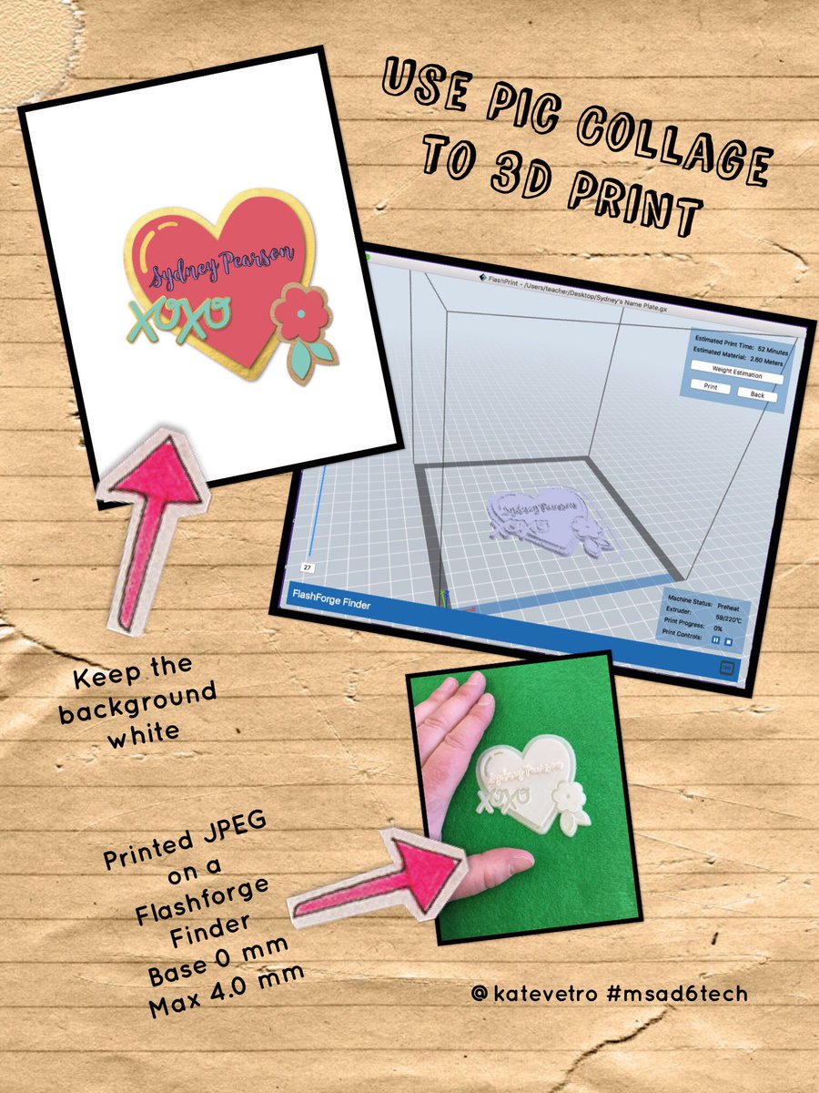 katevetro's tweet photo. @BuxtonCenterEl Ss were excited to discover that @PicCollage jpegs can be converted to #3dprint on a @ff3dprinters Flashforge Finder using @HATCHBOX3D UV purple filament! #msad6tech #2Dto3D #uvpurpleplafilament #prettyprint #nameplate https://t.co/cC3YLcNQoB