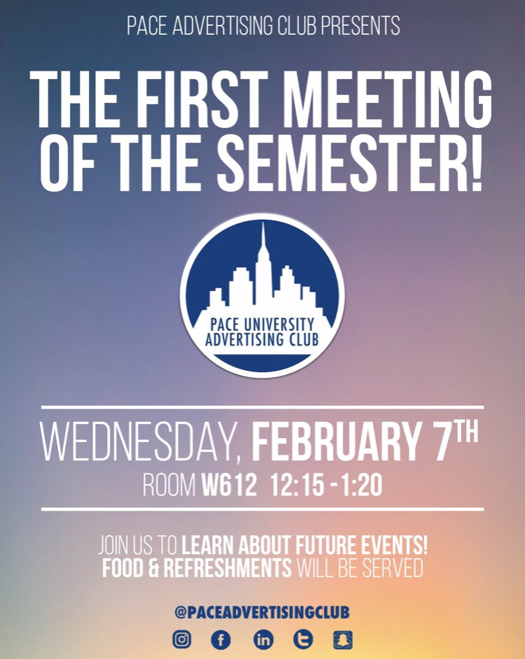 PaceAdvertising's tweet photo. ‼️GUESS WHAT! AdClub is back and ready to give you an #AdMazing Spring semester. Join us this Wed to see what we have planned for you! ⚡️ https://t.co/YTzflBnHqV