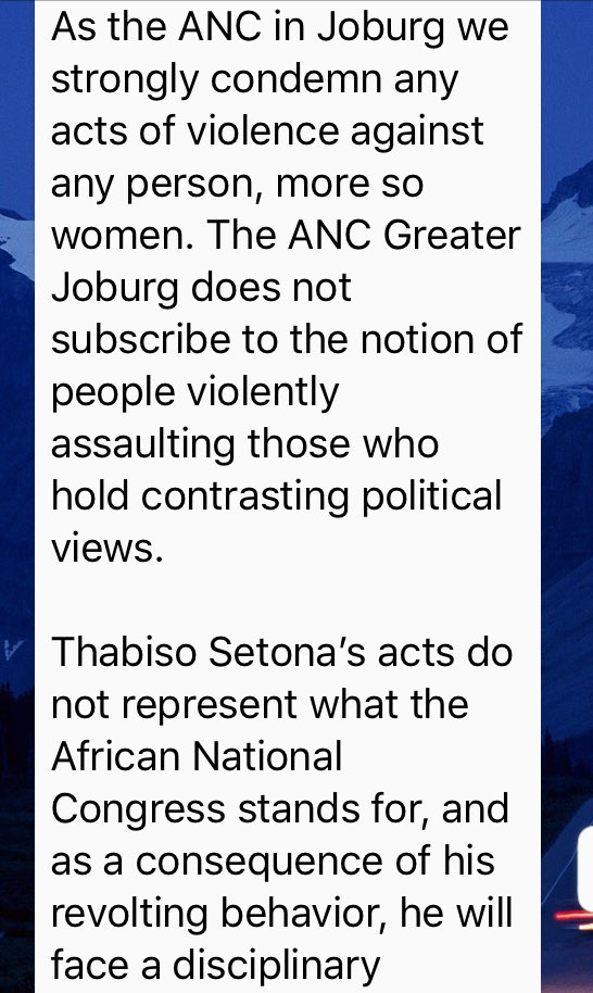 TheMikeAppel's tweet photo. ANC Joburg Region has added its voice in condemning the actions of Thabiso Setona, who is seen kicking a woman in the stomach twice, in a video that has gone viral. #DefendLuthuliHouse #DefendANC @eNCA https://t.co/mP4XgQ8UAr